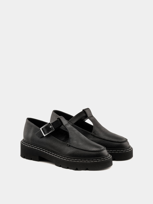 Black tumble leather mary-jane with a chunky sole