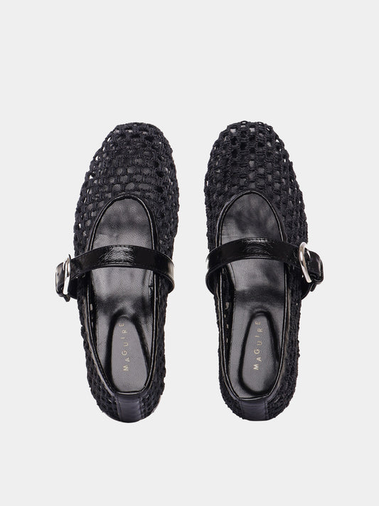 Aveiro black woven leather ballet flat with Mary-jane strap and buckle, top view.