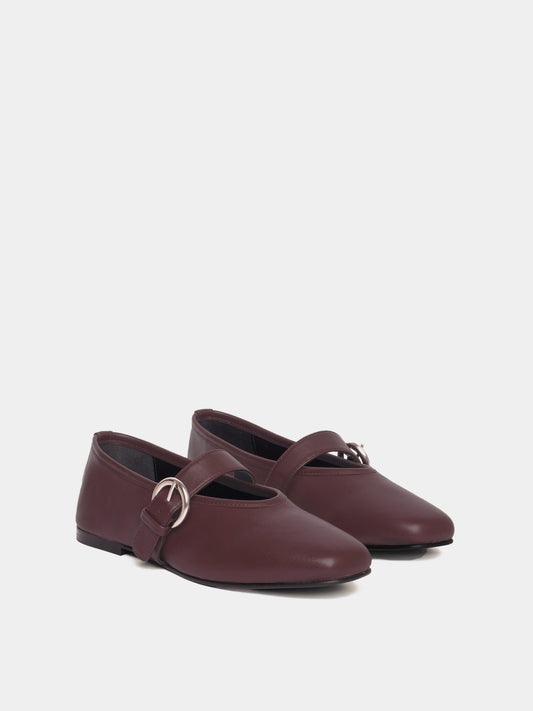 Aveiro bordeaux leather ballet flats with adjustable Mary-Jane strap.
