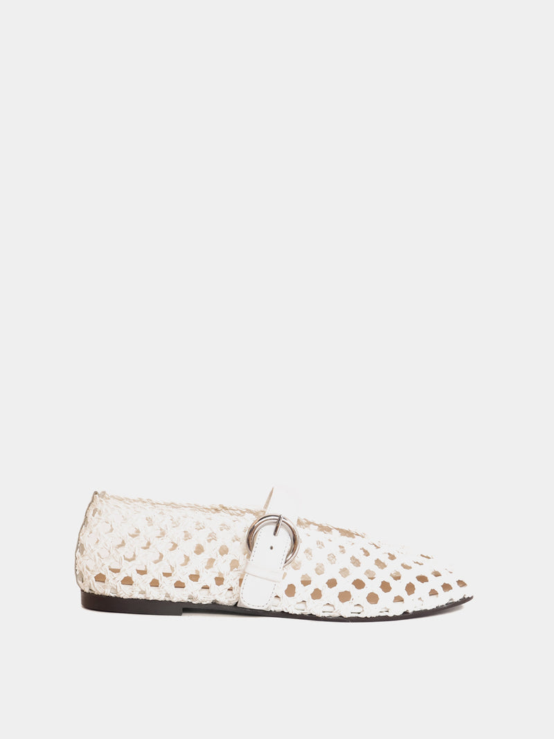 cream woven balelt flat with starp and silver buckle