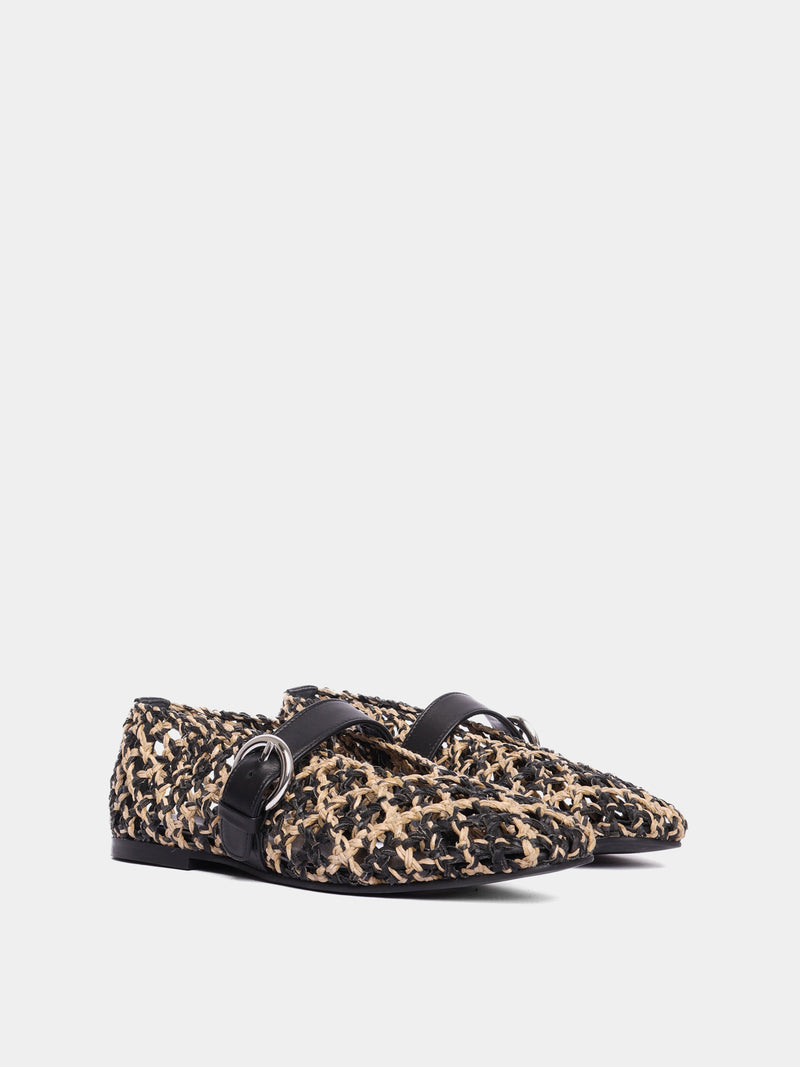 Beige and black woven leather ballet flat with Mary-jane strap and buckle