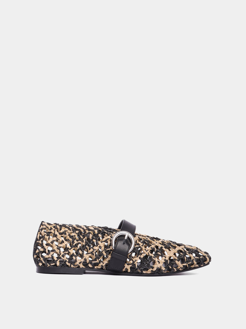 Beige and black woven leather ballet flat with Mary-jane strap and buckle