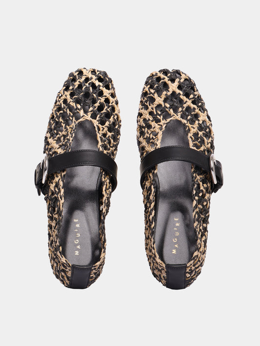 Beige and black woven leather ballet flat with Mary-jane strap and buckle