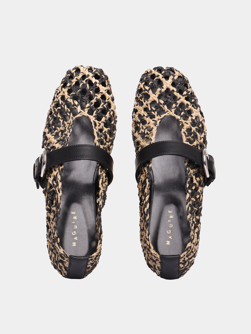 Beige and black woven leather ballet flat with Mary-jane strap and buckle