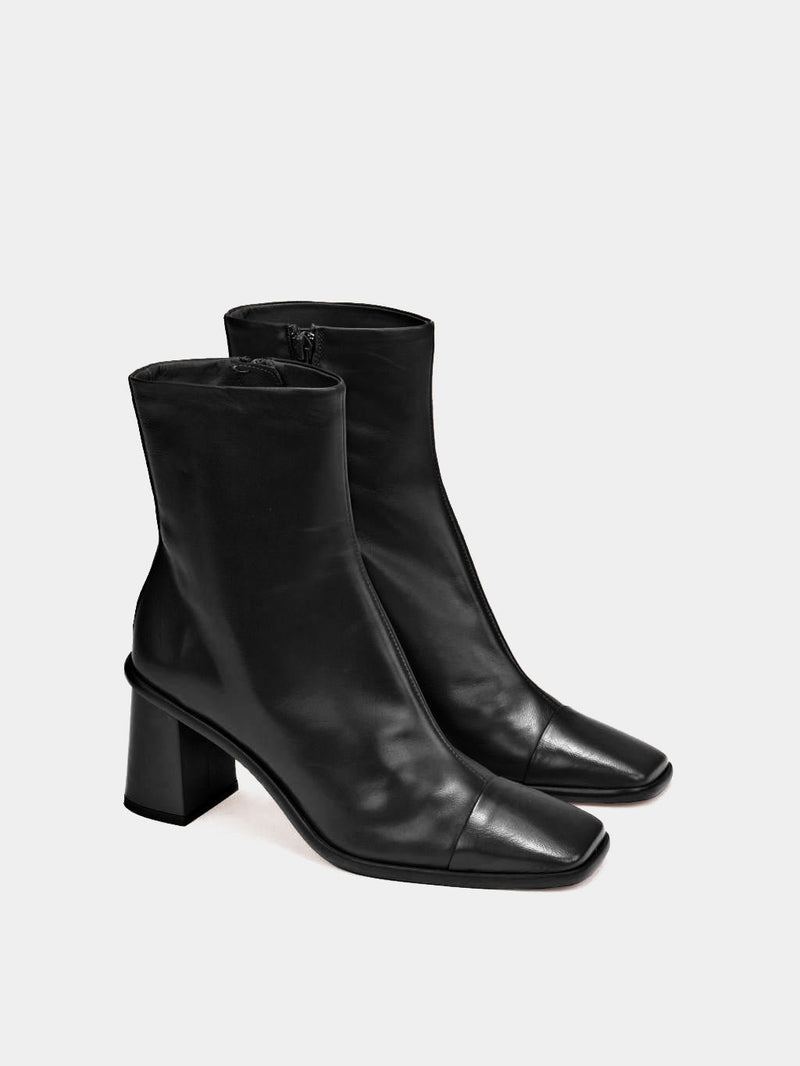 Black square-toe high-heeled boots