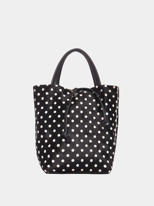 Black tote bag with white polka dots