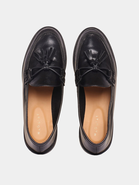 Black tassel leather loafers