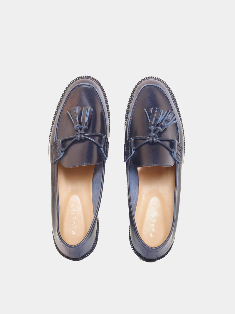 Navy loafer with pompom, top view