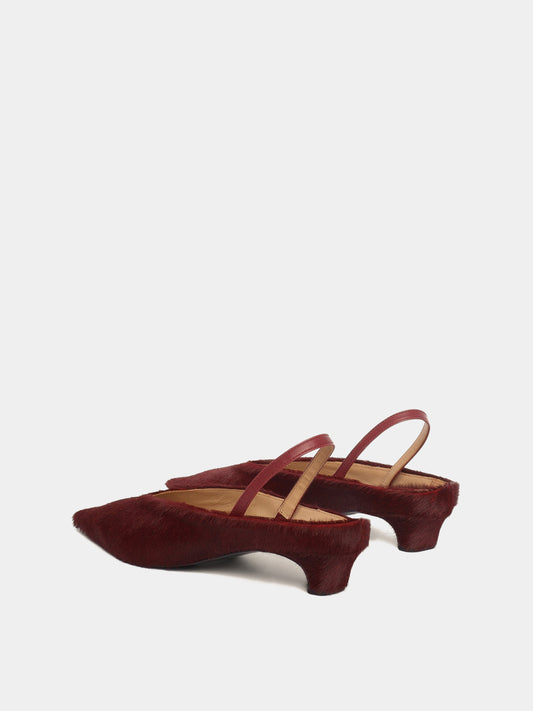 Burgundy pony hair mule slingback kitten heel