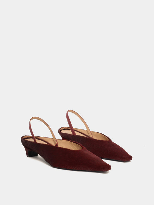 Burgundy pony hair mule slingback kitten heels