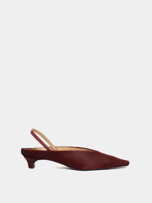 Burgundy pony hair mule slingback kitten heel