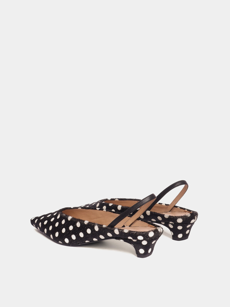 Black polka dot pony hair mule slingback kitten heels
