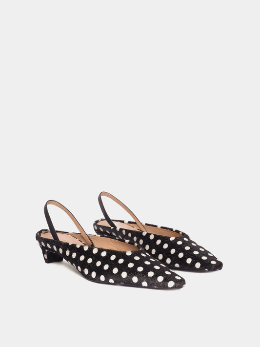 Black polka dot pony hair mule slingback kitten heels
