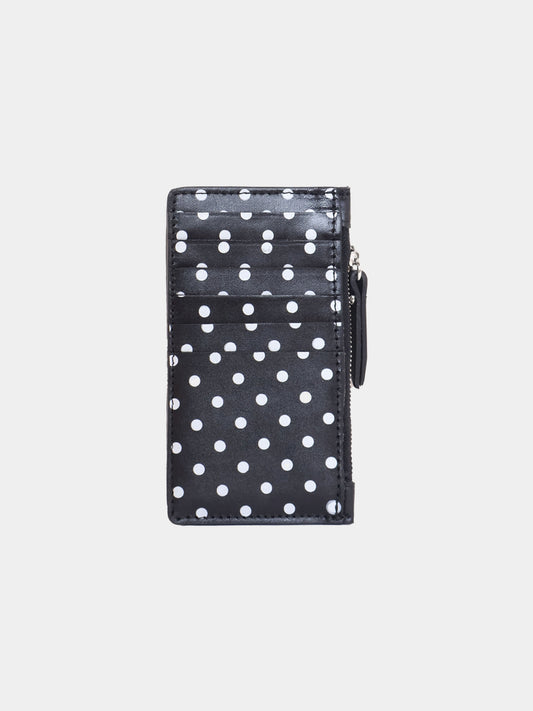 Black wallet with white polka dots on a light gray background