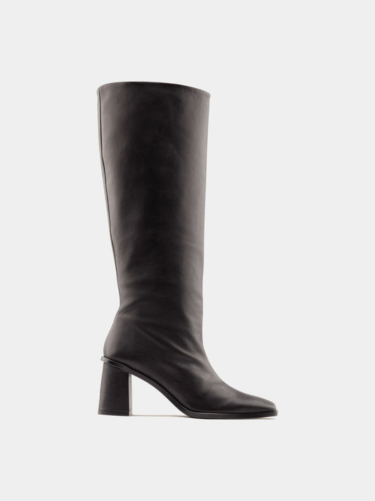Black heeled high boot, ecom side view