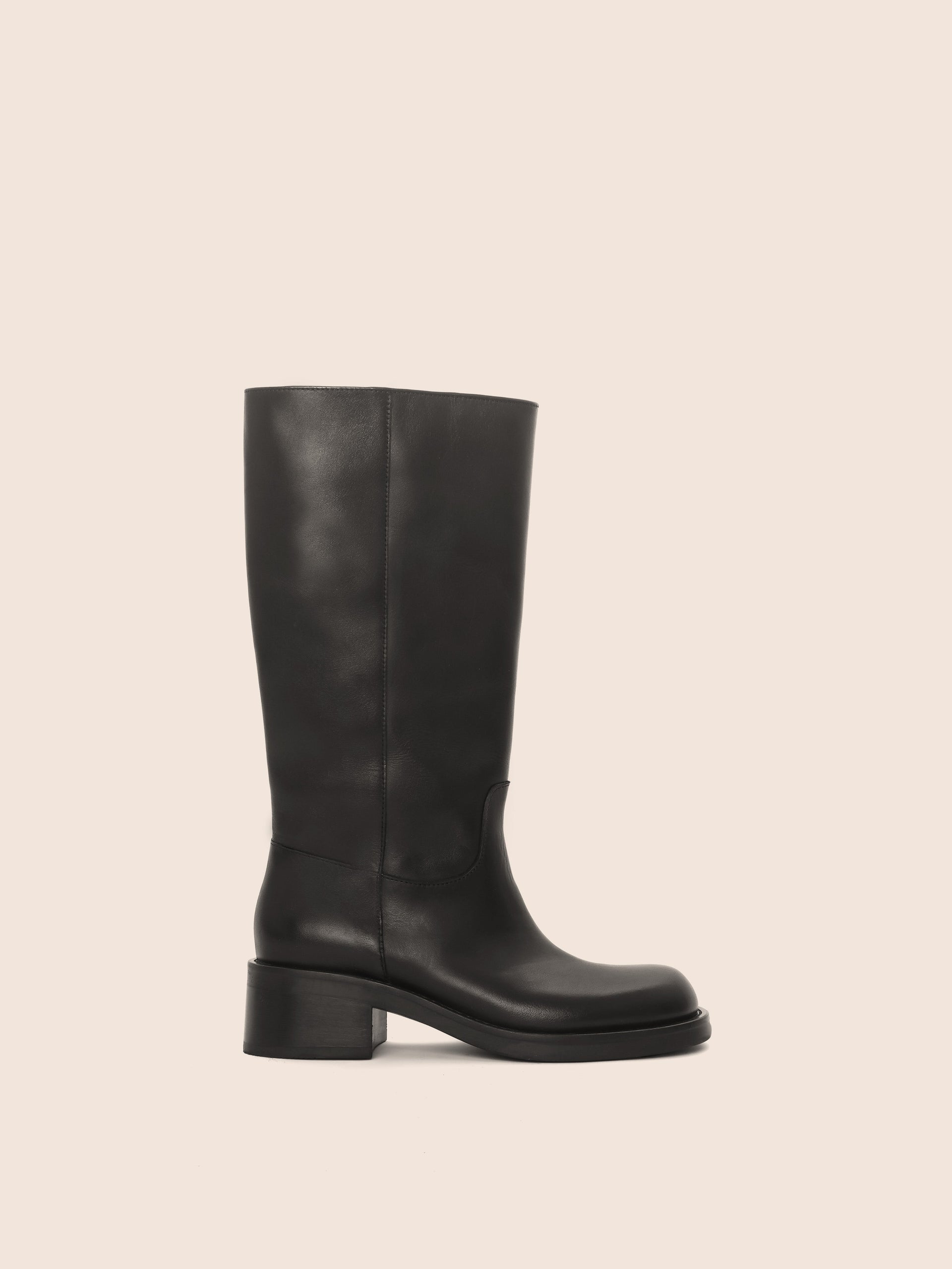 A black leather boot without the removable harness and block heel, on a white background.