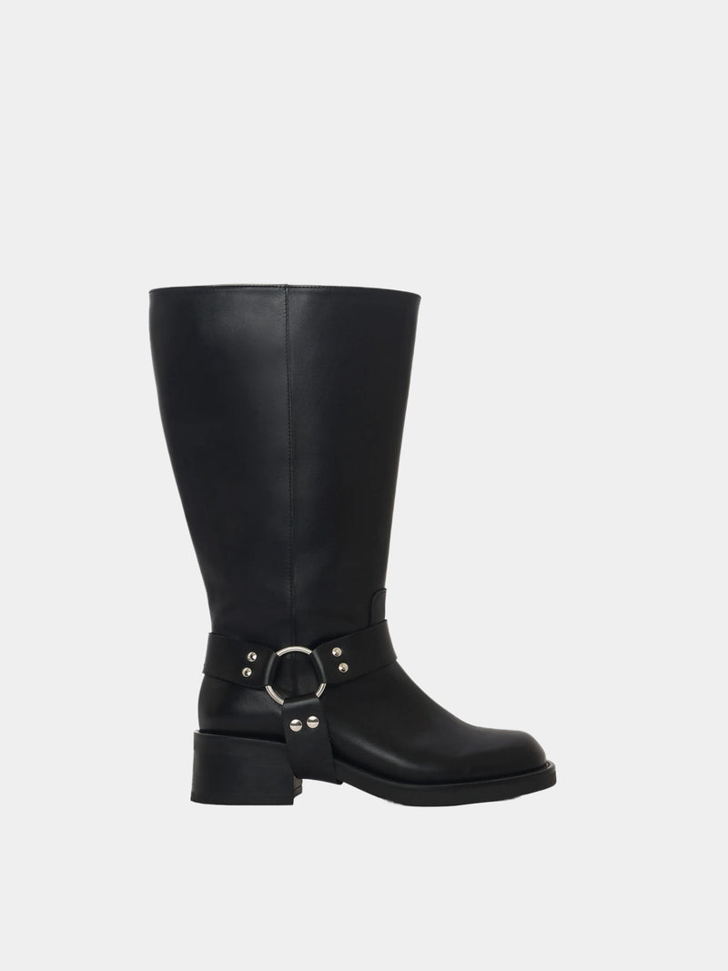 lucca back biker boot with metal harness for wide calves