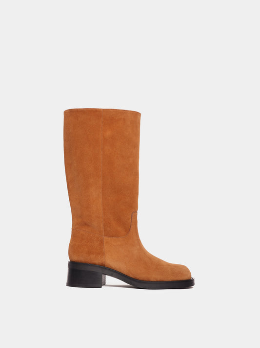 Knee-high honey suede moto boots 