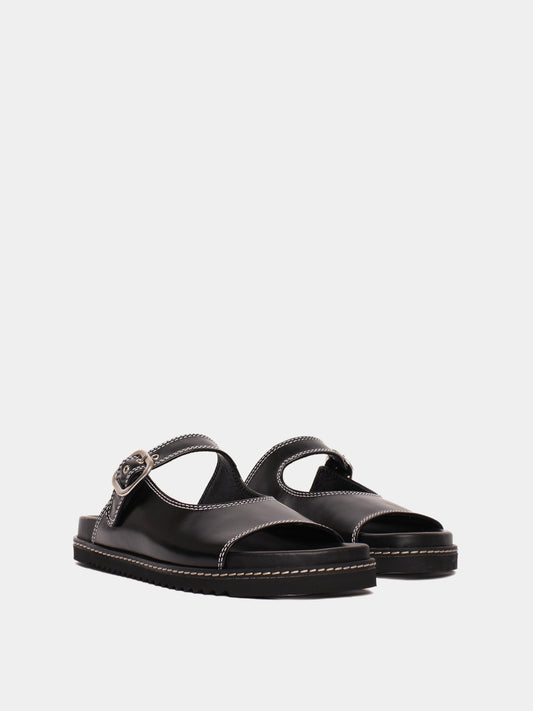 Black sandals with adjustable buckle straps and flat soles.