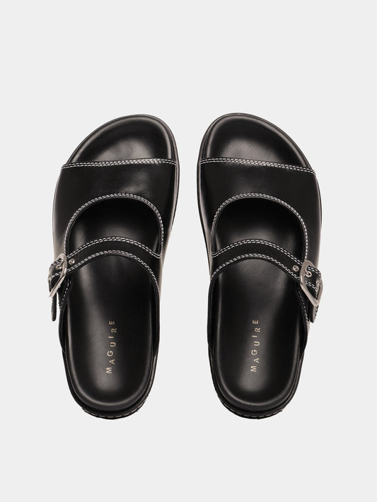 Black sandals with adjustable buckle straps and flat soles.