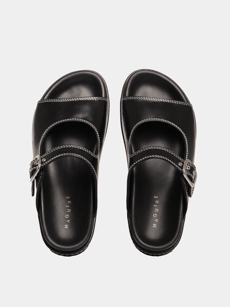 Black sandals with adjustable buckle straps and flat soles.