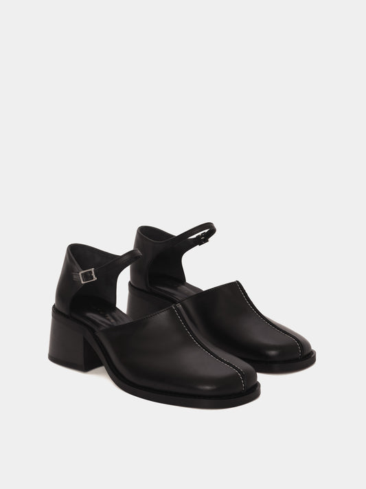Black leather heeled mary-jane mules