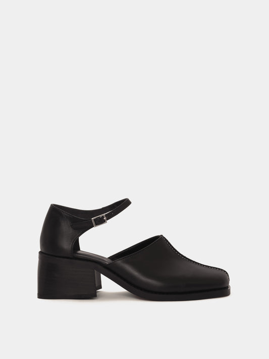 Black leather heeled mary-jane mule