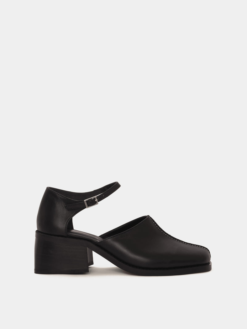 Black leather heeled mary-jane mule