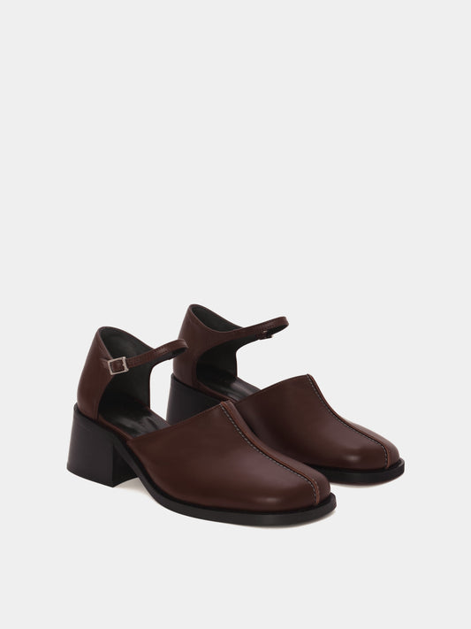 Brown leather heeled mary-jane mule