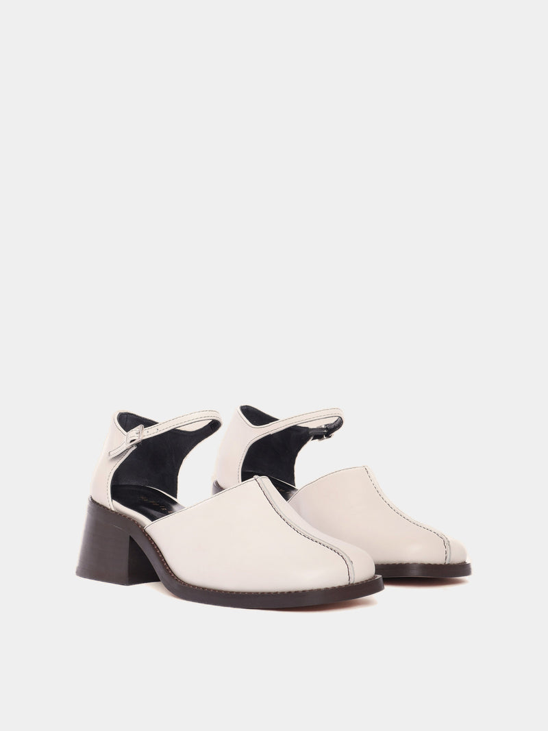 Cream leather heeled mary-jane mules