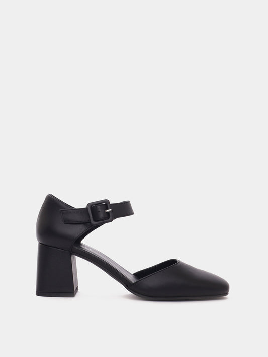 Marbella black leather Mary-Jane closed-toe block heel.