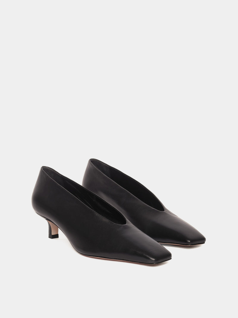 Black leather closed-toe high heels