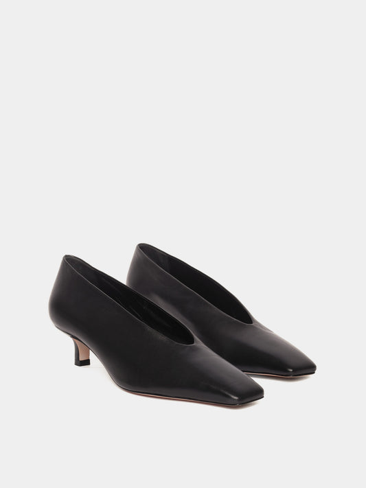 Black leather closed-toe high heels