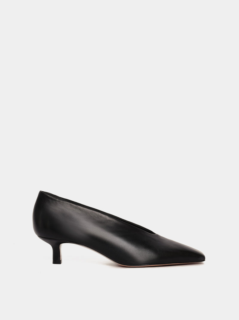 Black leather closed-toe high heel
