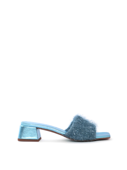 Metallic blue heel with a fuzzy band
