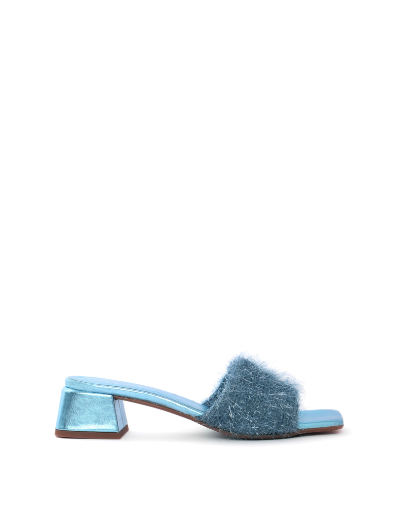 Metallic blue heel with a fuzzy band