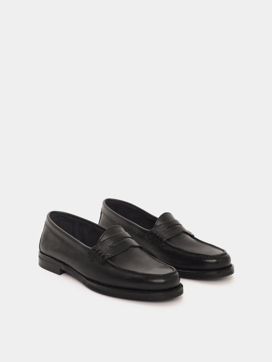 Black leather penny loafers