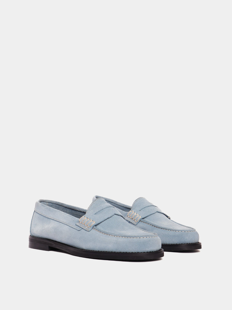 Blue suede leather penny loafers