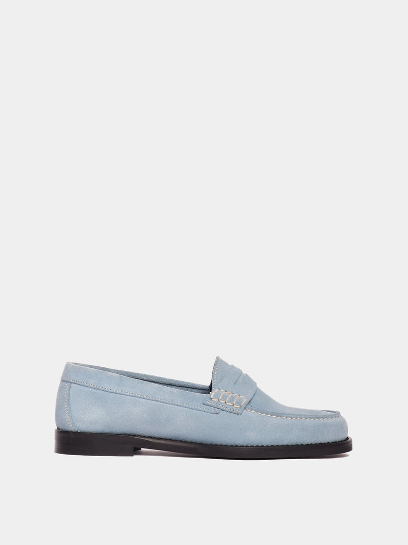Blue suede leather penny loafers