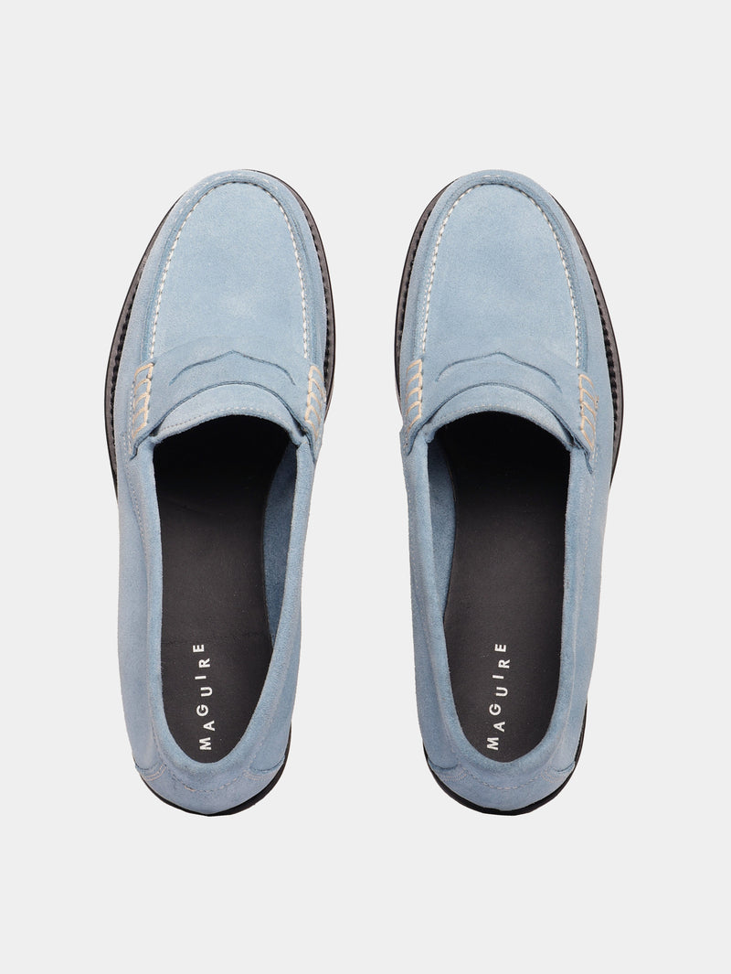 Blue suede leather penny loafers