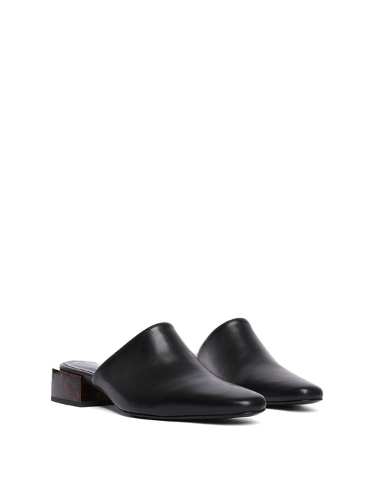 Black leather pointed toe mule with tortoise heel