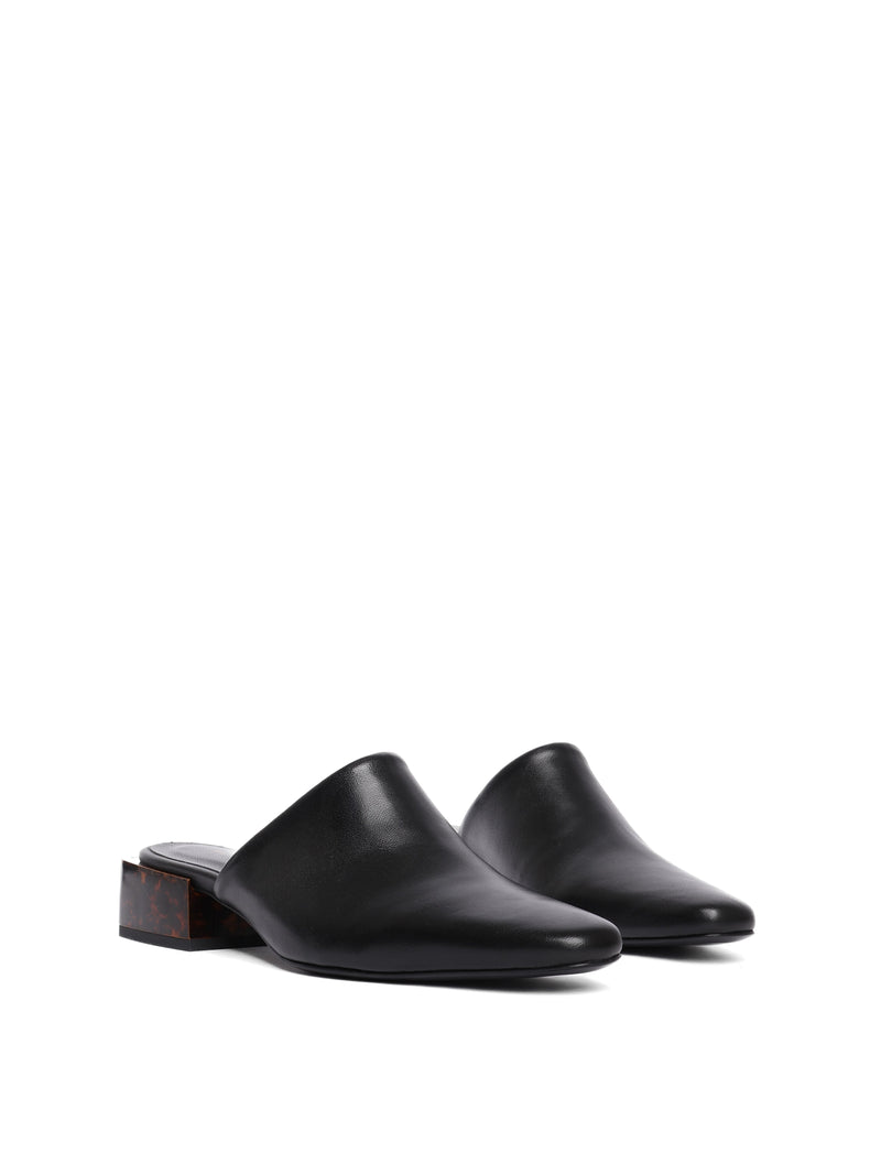 Black leather pointed toe mule with tortoise heel