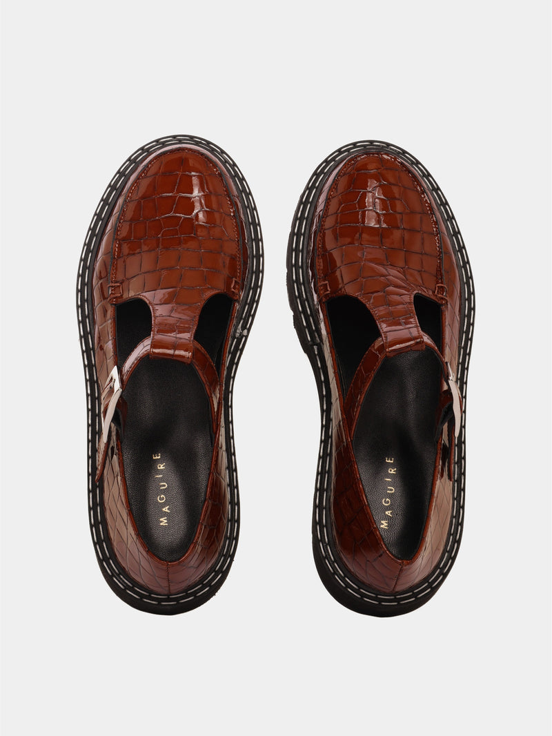 Brown croco leather mary-jane with a chunky sole