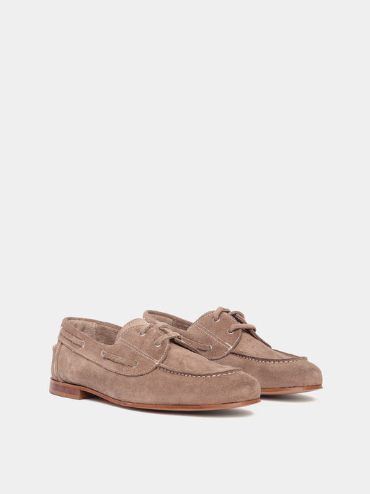 Nola sand suede boat shoes with laces and small heel.