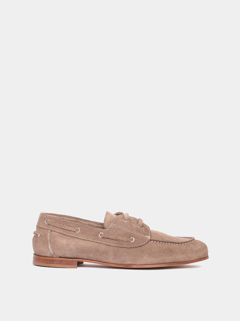 Nola sand suede boat shoes with laces and small heel.