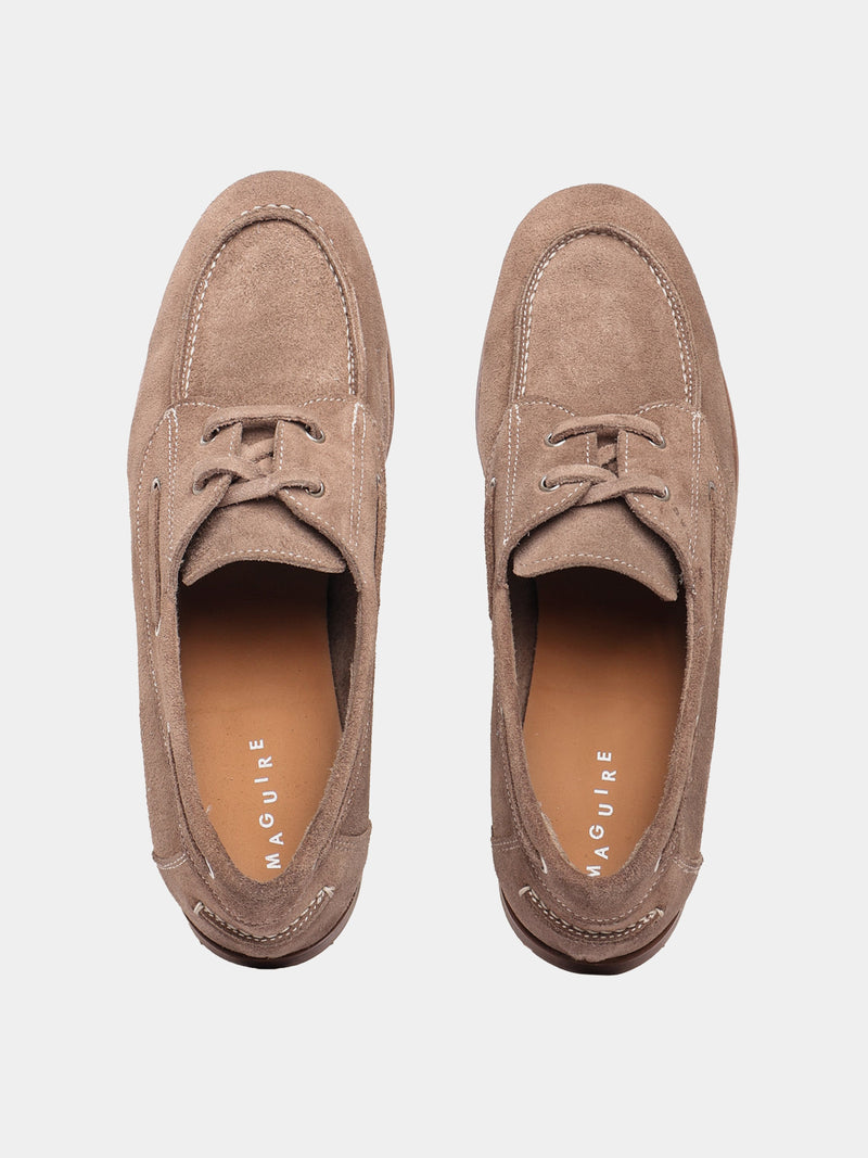 Nola sand suede boat shoes with laces and small heel.