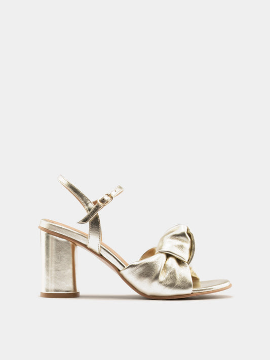 Gold metallic ankle strap heel with knotted upper