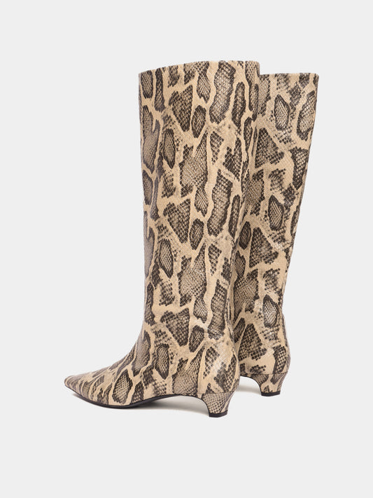 Knee-high snake pattern leather boots with a low heel and pointed toes