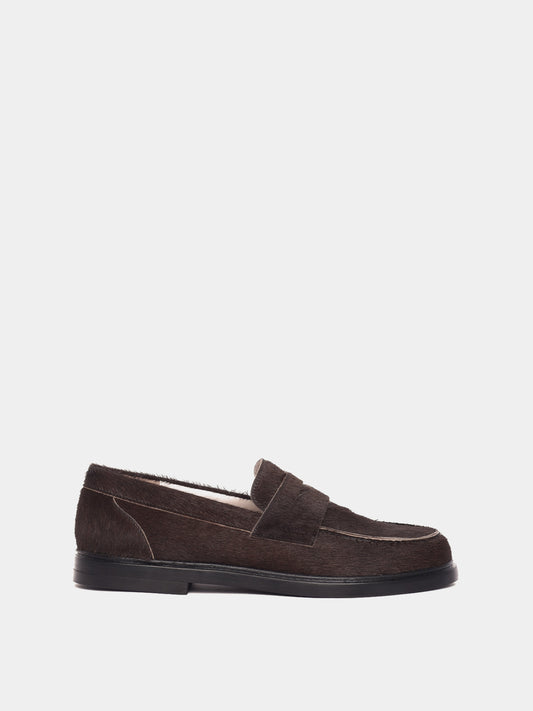 Brown pony hair penny loafers