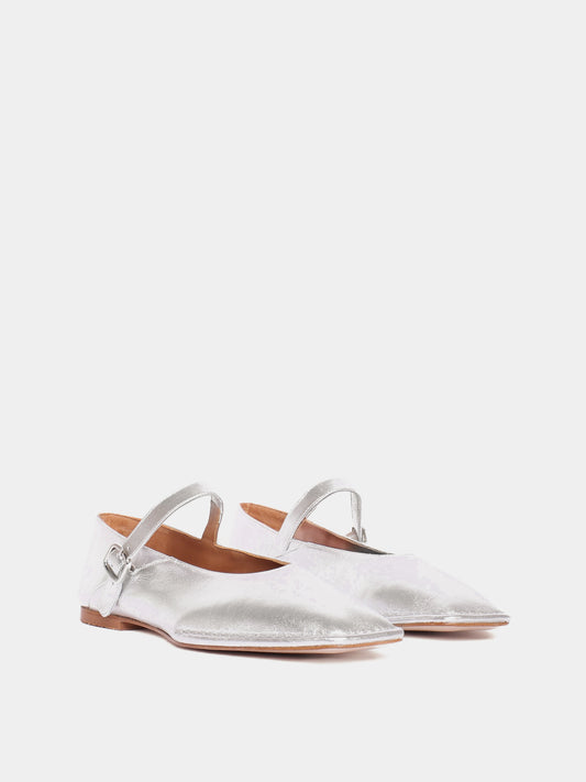 Silver mary-jane flats with a square toe